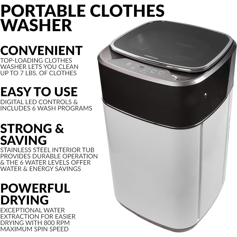 Farberware Professional FCW10BSCWHA 1.0 Cu. Ft. Portable Clothes Washer with 7-lb Load Capacity, Silver &amp; Chrome