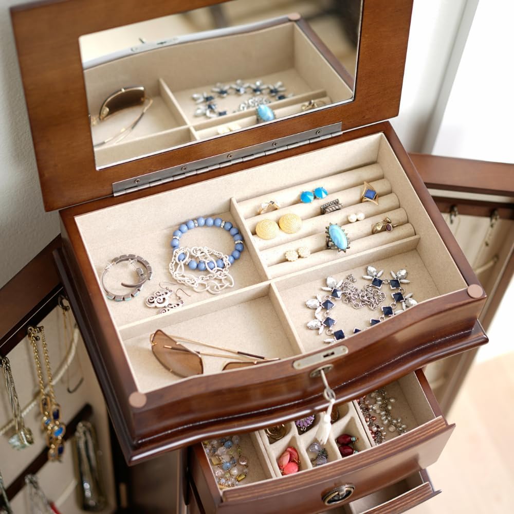 Hives and Honey Noel Standing Jewelry Armoire Cabinet, Locking Organizer with Flip Top Mirror, 2 Side Doors, 7 Drawers, Jewelry Chest for Necklaces, Earrings, Bracelets, Walnut