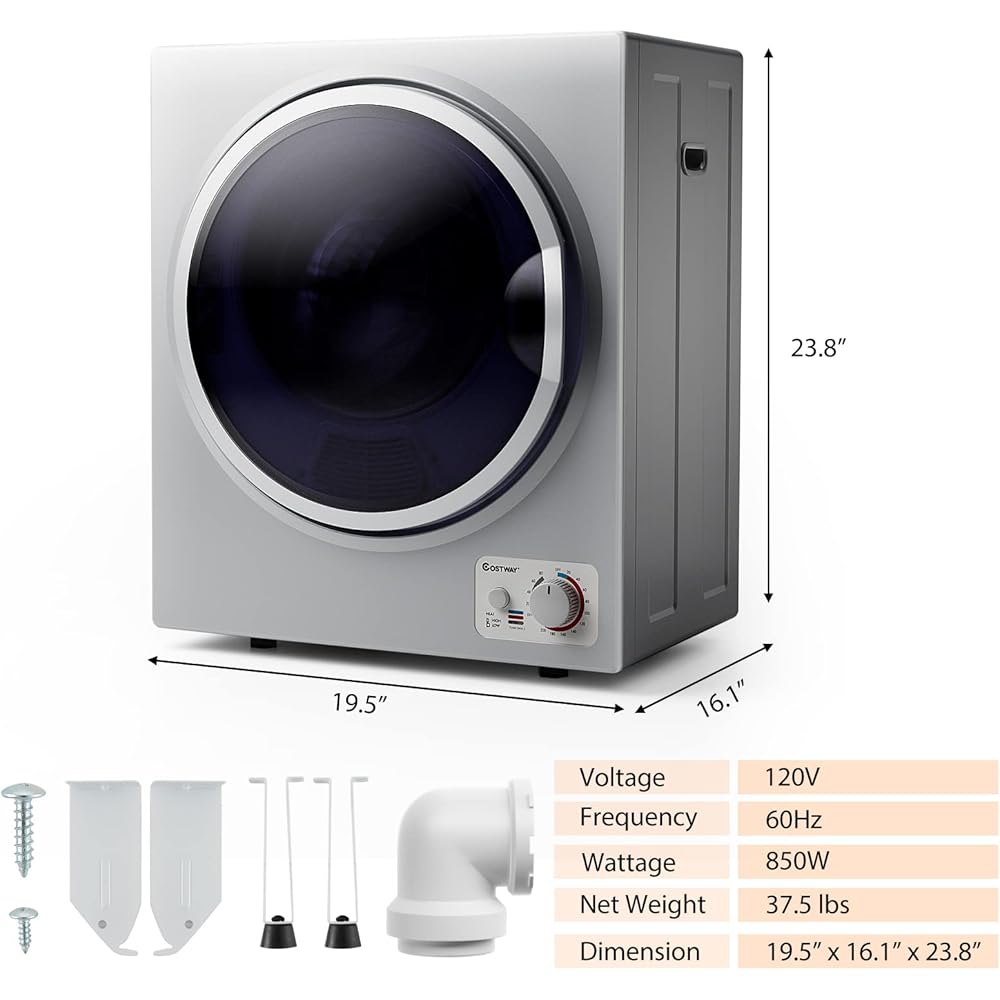 COSTWAY GT-10222US-SL-FPCY, 110V Electric Portable Clothes Stainless Steel Tub, Panel Downside Easy Control for 4 Automatic Drying Mode Compact Laundry Dryer, Silver