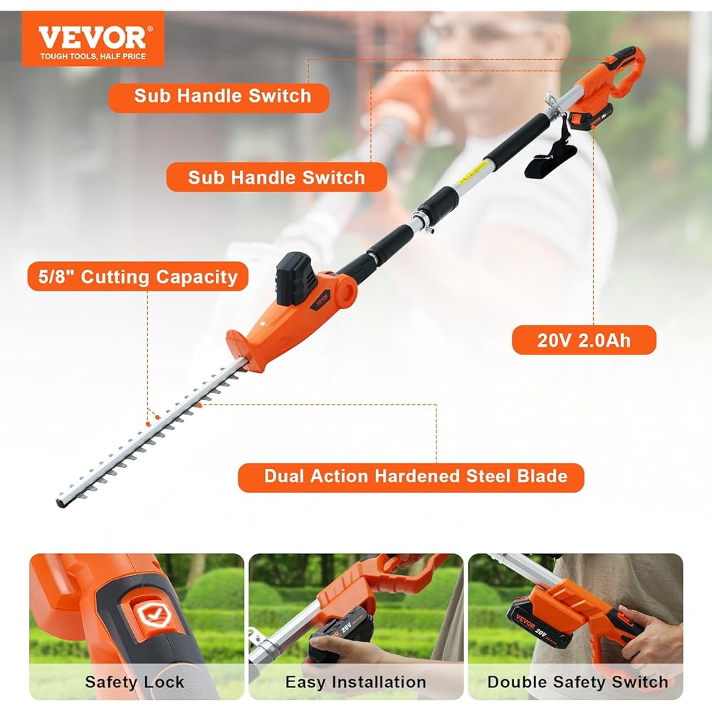 VEVOR Pole Cordless Hedge Trimmer, 20V Electric Bush Trimmer Kit with 18 inch Double-Edged Steel Blade, 74"-94" Telescoping Design for High Branches(2.0Ah Battery &amp; Fast Charger Included)