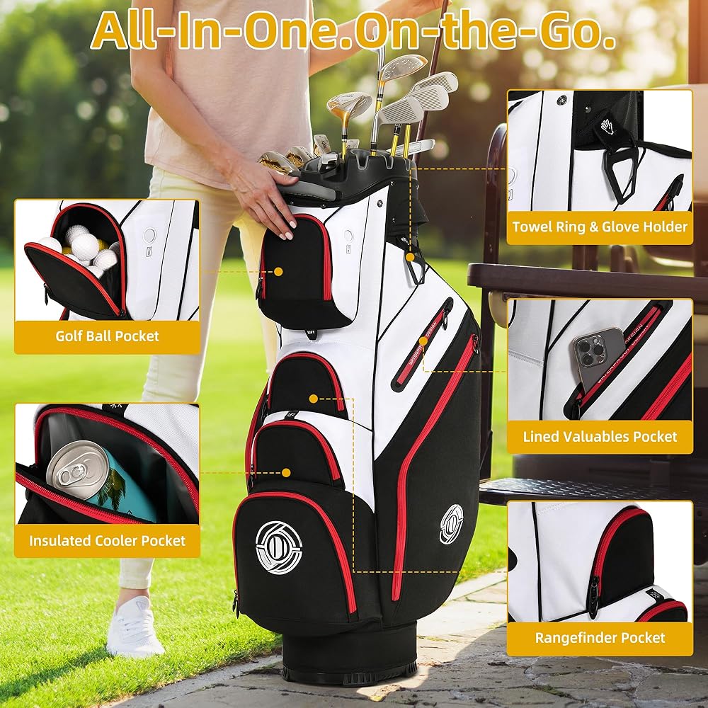 Shopsource Golf Bag, 14 Way Top Golf Cart Bag with Full-Length Dividers, Cart Golf Bag for Men Women, Golf Club Bags with Ergonomic Padded Strap, Zippered Pockets, Rain Hood Black Red and White