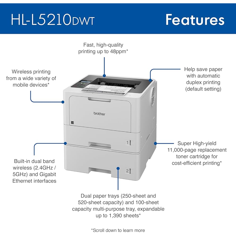 Brother HL-L5210DWT Business Monochrome Laser Printer with Dual Trays, Wireless and Gigabit Ethernet Networking, Duplex Printing, Large Paper Capacity, and Mobile Printing, White