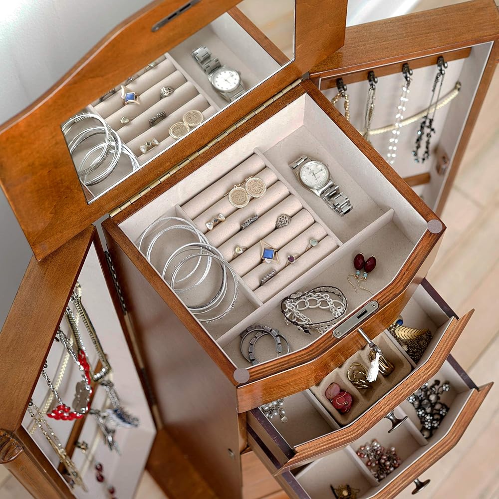 Hives and Honey Angelique Standing Jewelry Armoire, Locking Jewelry Cabinet, 7 Drawers, Necklace Hooks, Mirror, Secure Storage, Dual-Sided Doors, Handcrafted Antique Finish, Elegant Organizer, Walnut