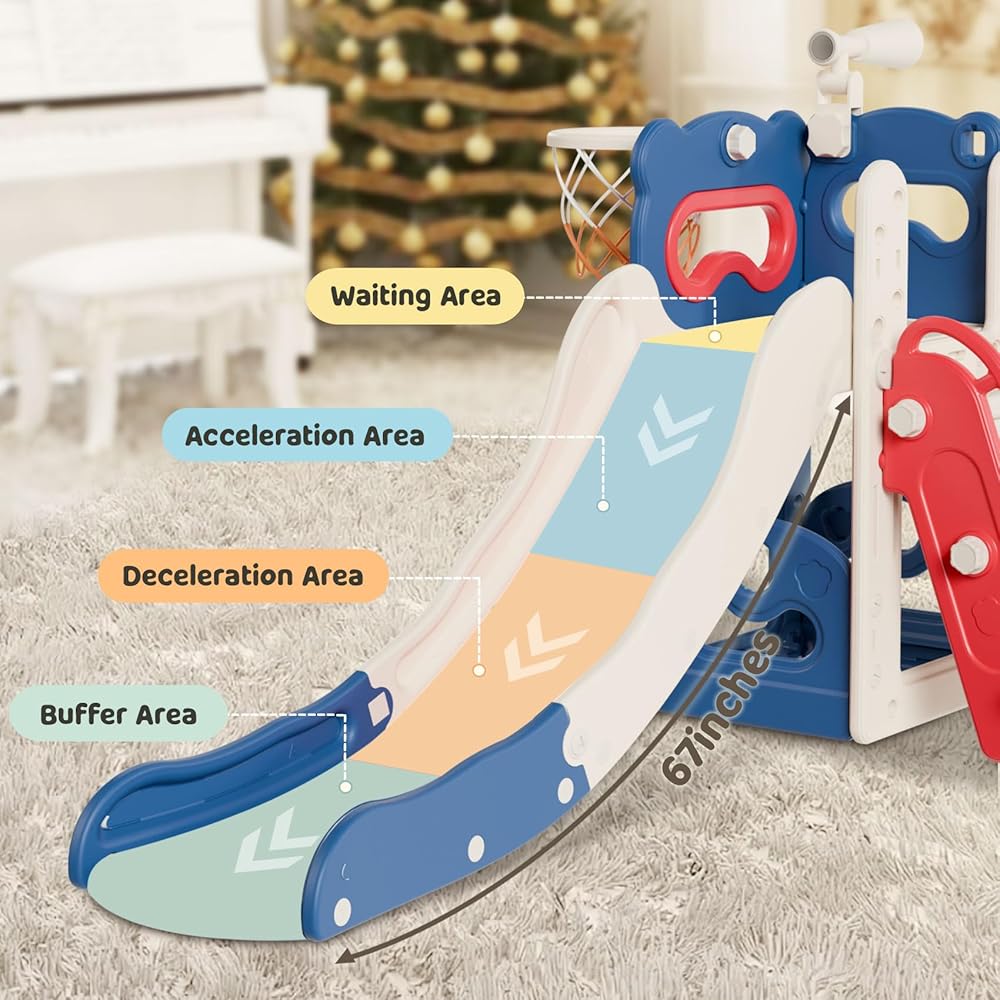 Babytronic Toddler Slide, 6 in 1 Kids Indoor Slide for Toddlers 1-3, Kids Playground for Indoor Outdoor with Basketball Hoop and Telescope, Indoor Outdoor Slide Playset (Blue&amp;Red)