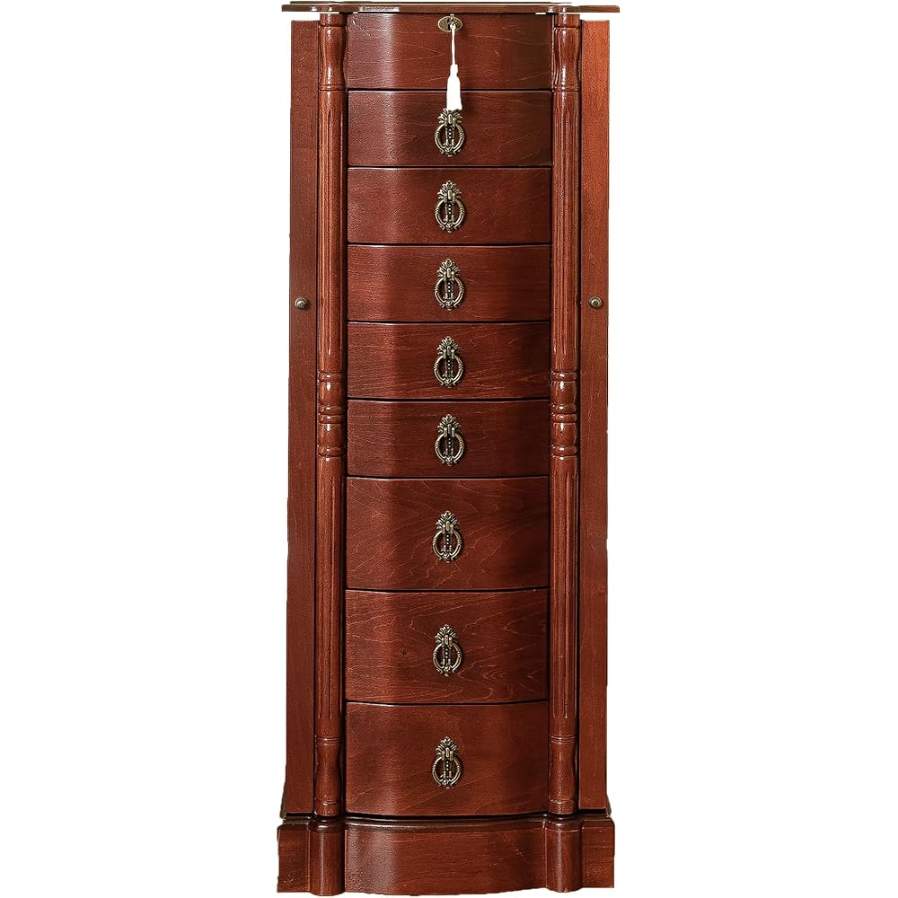 Hives and Honey Robyn Traditional Standing Jewelry Armoire Cabinet, Antique Locking Storage Organizer with Mirror, 8 Drawers, Necklace Hooks, Anti-Tarnish Lining, Cherry