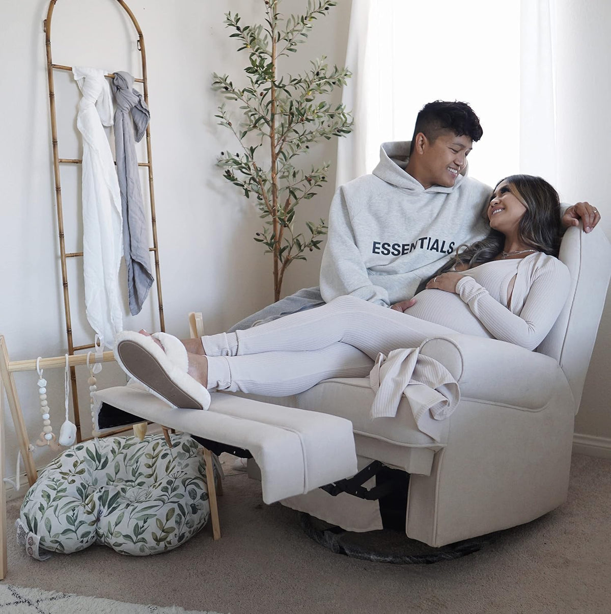 Storkcraft Serenity Glider Recliner Nursery Chair with USB Charging Port (Ivory) – Premium Upholstered Nursery Glider Recliner with Manual Recline Function, Dual USB Charging