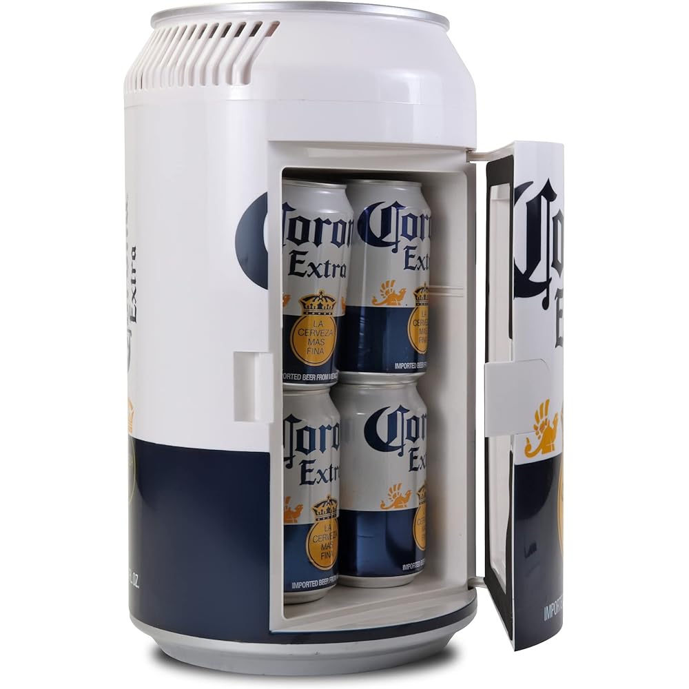 Corona 8 Can Portable Mini Fridge w/ 12V DC and 110V AC Cords, 5.4L (5.7 qt) Beer Can Shaped Personal Cooler, White, Travel Fridge for Beer, Snacks, Lunch, Drinks, Home, Office, Bar, Dorm, RV