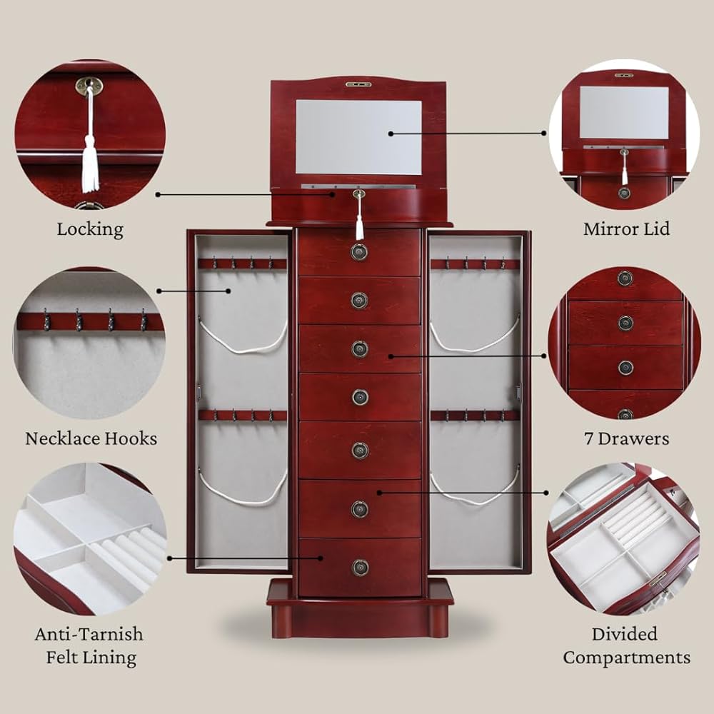 Alveare Home North Locking 7-Drawer Jewelry Armoire – Spacious Organizer with Mirror, Necklace Hooks &amp; Anti-Tarnish Lining, Cherry
