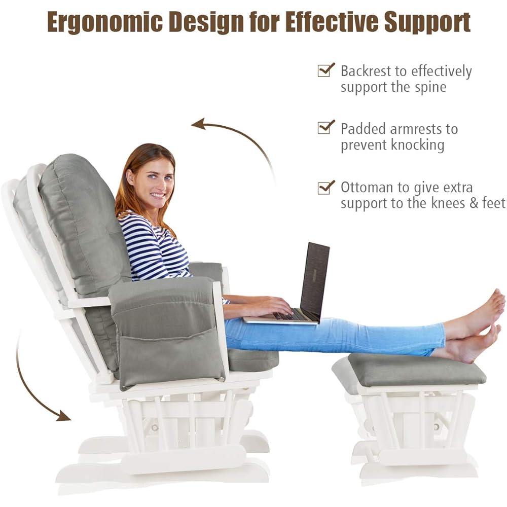 Costzon Nursery Glider with Ottoman, Upholstered Comfort Glider Rocker with Padded Cushion, Storage Pocket, Solid Wood Base, Rocking Chair Nursery for Breastfeeding, Napping (Light Gray)