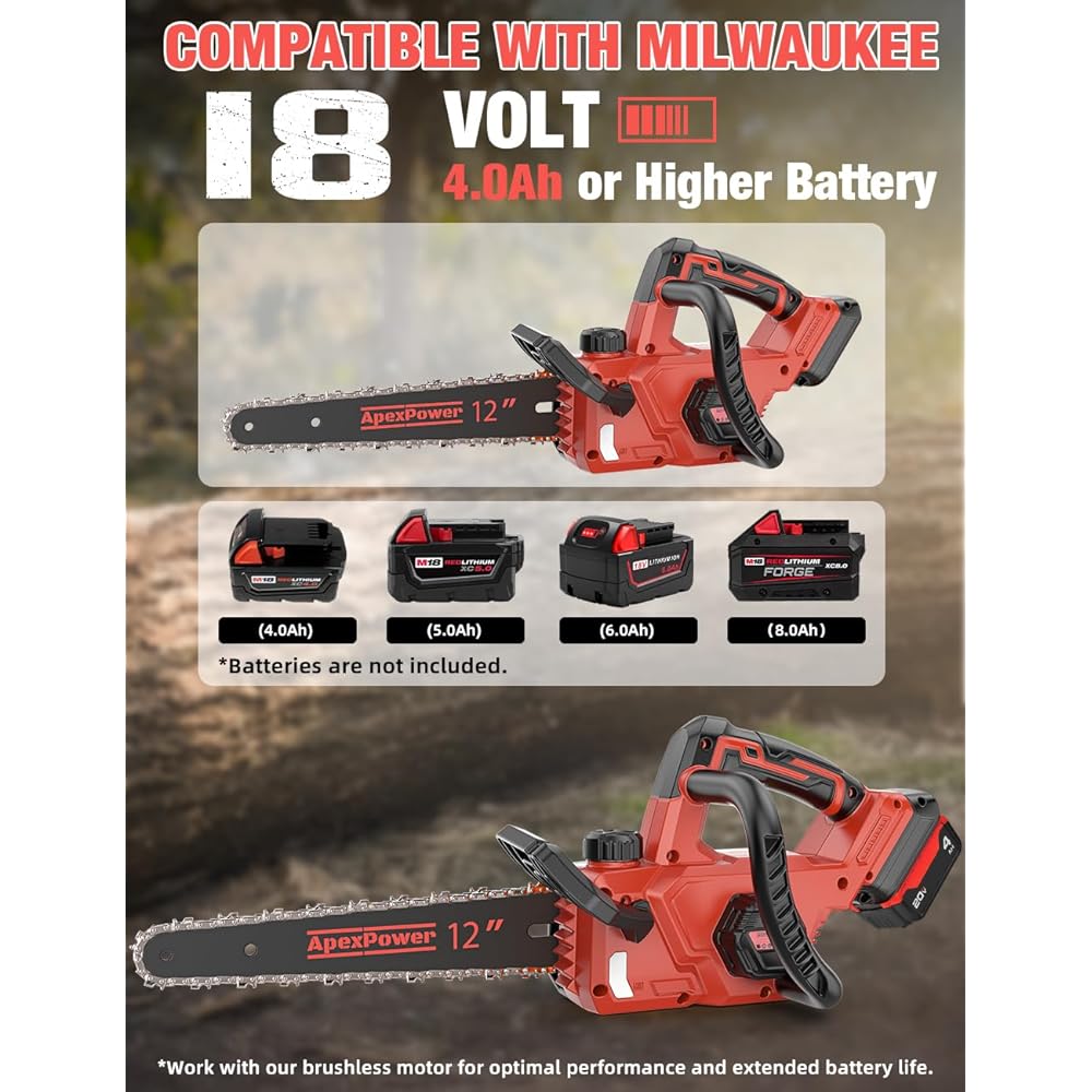 12 Inch Brushless Electric Chainsaw Cordless, for Milwaukee M18 Battery,44.3 FT/S Powerful Cutting Heavy Duty Chain Saw, Auto Oiler Low Kickback Battery Powered Chainsaw for Tree Trimming Wood Cutting