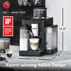 De'Longhi Rivelia Automatic Espresso Machine with Grinder &amp; Milk Frother – All-in-One Coffee Maker, Hot &amp; Iced Latte, Cappuccino, Bean Switch System, Burr Grinder, Compact Italian Design, Black