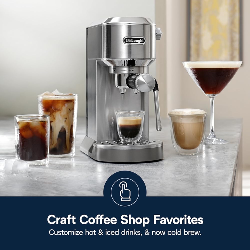De'Longhi Dedica Duo Compact Espresso Machine Cold Brew Coffee Maker with Milk Frother Wandfor Espresso, Hot &amp; Iced Coffee, Cappuccinos, Lattes &amp; Home Barista Brewing, Stainless Steel