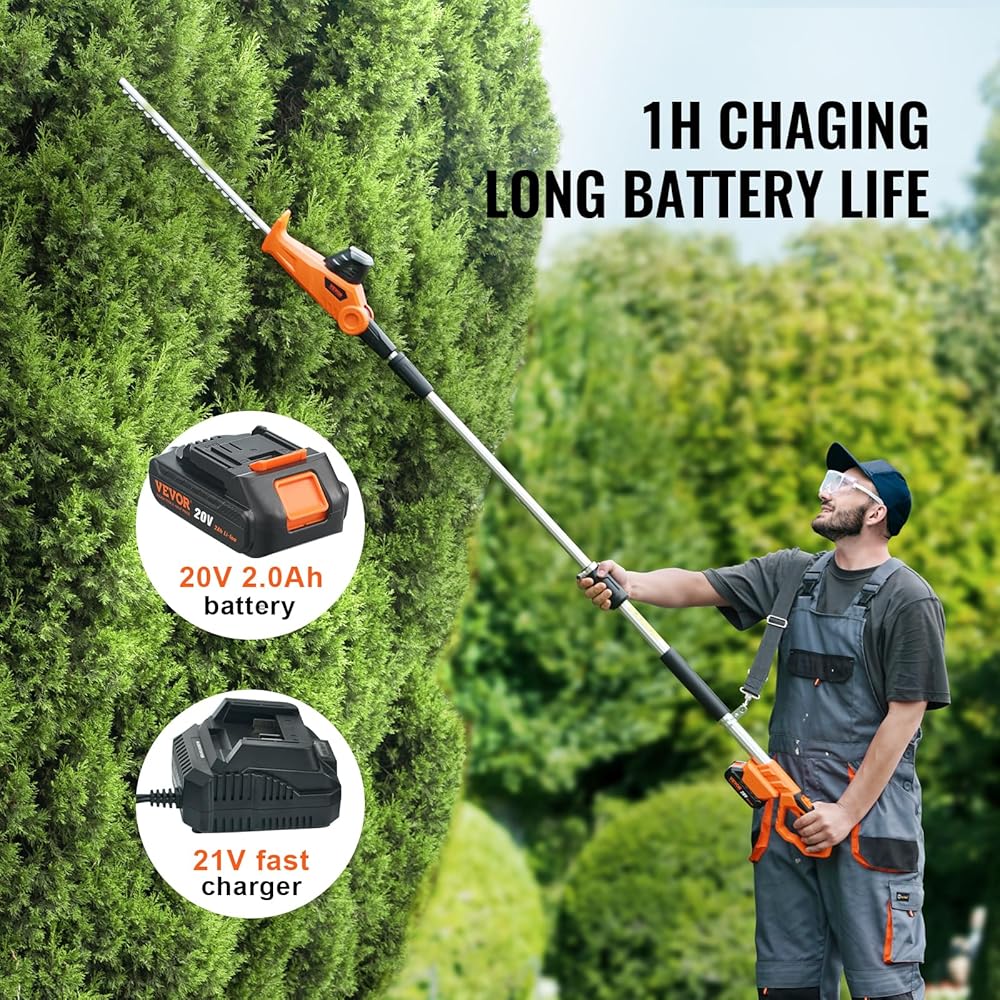 VEVOR Pole Cordless Hedge Trimmer, 20V Electric Bush Trimmer Kit with 18 inch Double-Edged Steel Blade, 74"-94" Telescoping Design for High Branches(2.0Ah Battery &amp; Fast Charger Included)