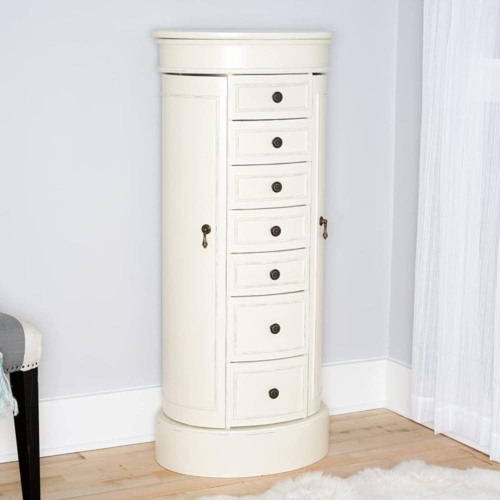 Hives &amp; Honey Bailey Oval Standing Jewelry Armoire Cabinet, Jewelry Storage Organizer with Mirror Lid, 2 Side Doors, 7 Drawers, Jewelry Chest, Jewelry Box for Necklace, Earring, Bracelet, Ivory