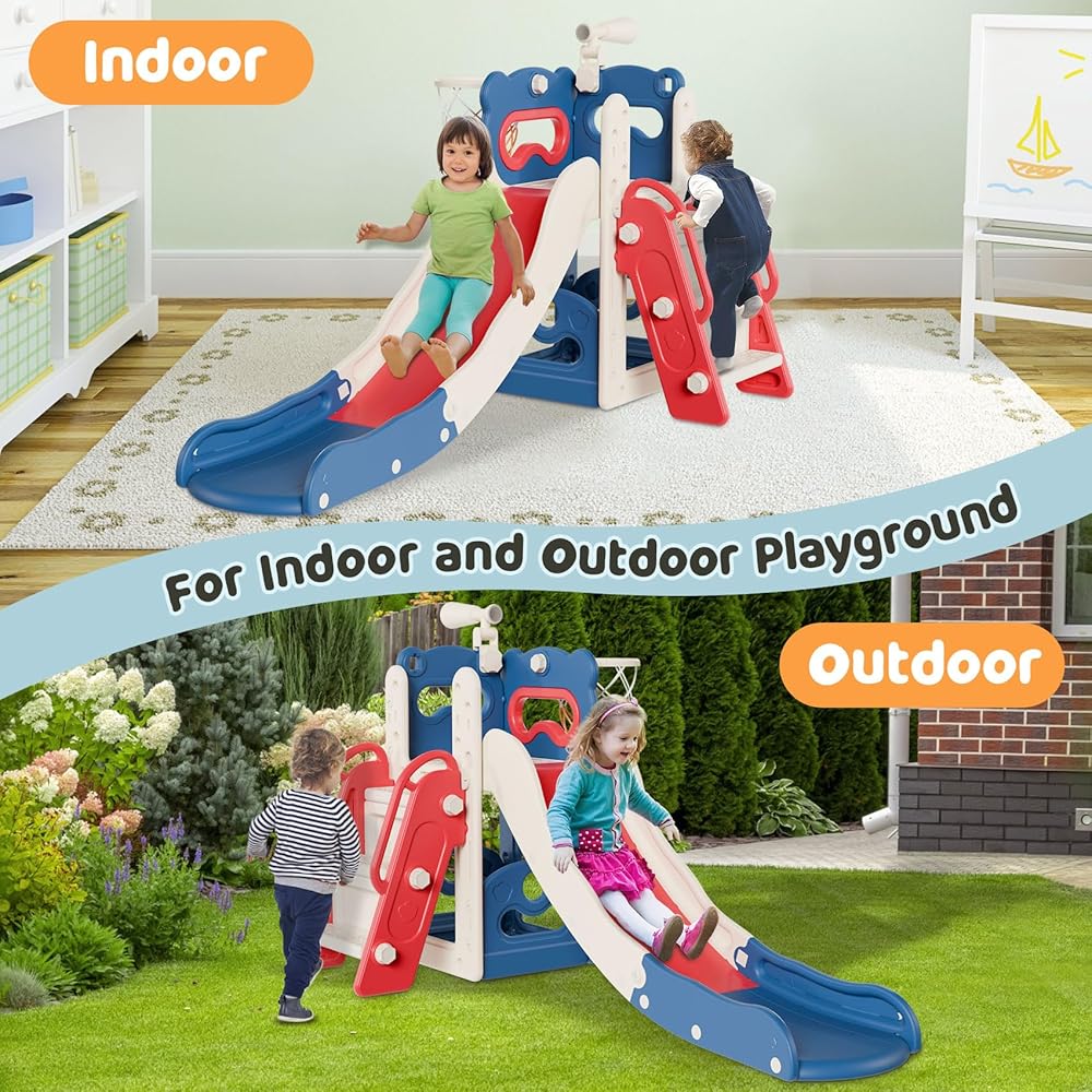 Babytronic Toddler Slide, 6 in 1 Kids Indoor Slide for Toddlers 1-3, Kids Playground for Indoor Outdoor with Basketball Hoop and Telescope, Indoor Outdoor Slide Playset (Blue&amp;Red)