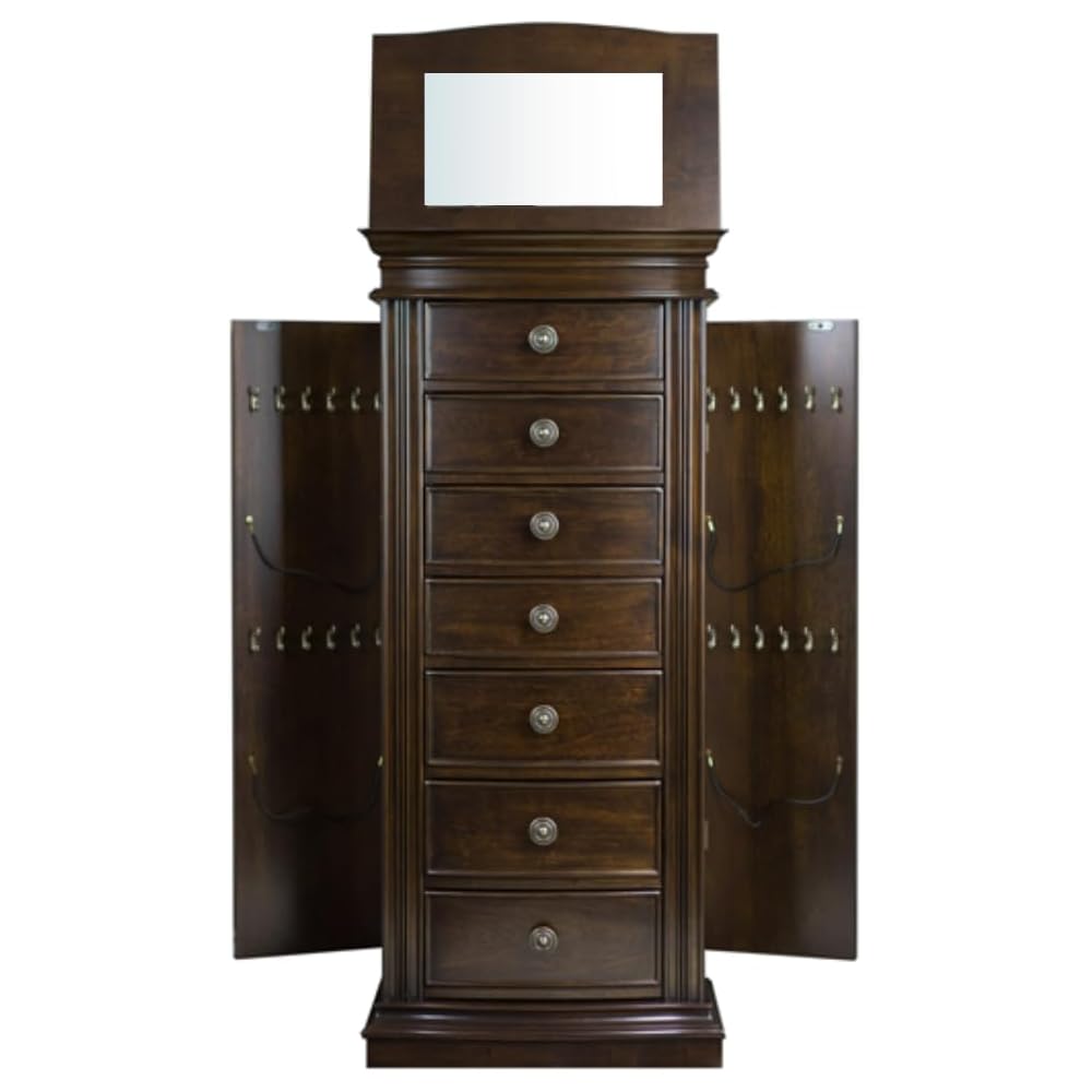 Hives and Honey Landry Standing Jewelry Armoire Cabinet – Jewelry Storage Organizer with Flip-Top Mirror, Side Doors, 7 Drawers, Necklace, Earring, and Bracelet Storage, Walnut