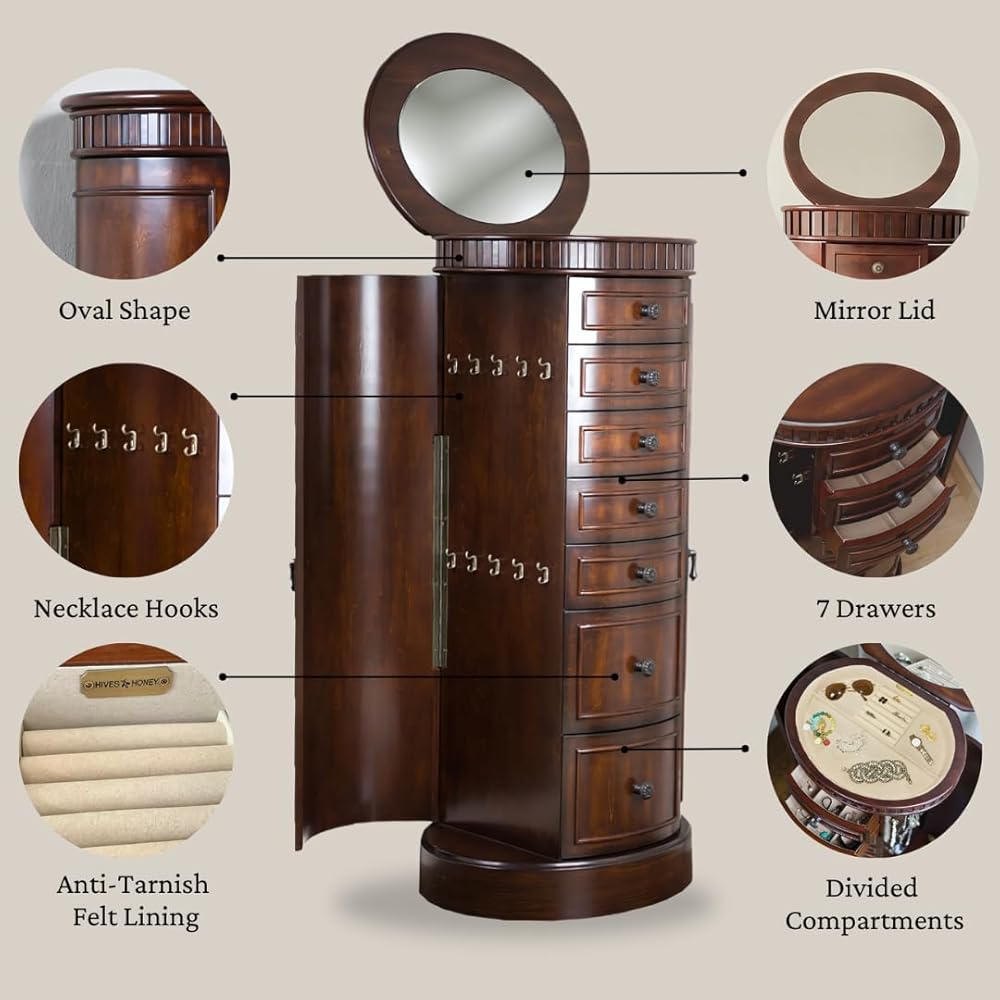 Hives and Honey Bailee Jewelry Armoire – Oval Shape Jewelry Organizer with 7 Drawers, Vanity Mirror, Ring Rolls &amp; Necklace Hooks – Walnut