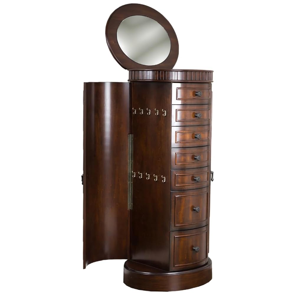 Hives and Honey Bailee Jewelry Armoire – Oval Shape Jewelry Organizer with 7 Drawers, Vanity Mirror, Ring Rolls &amp; Necklace Hooks – Walnut