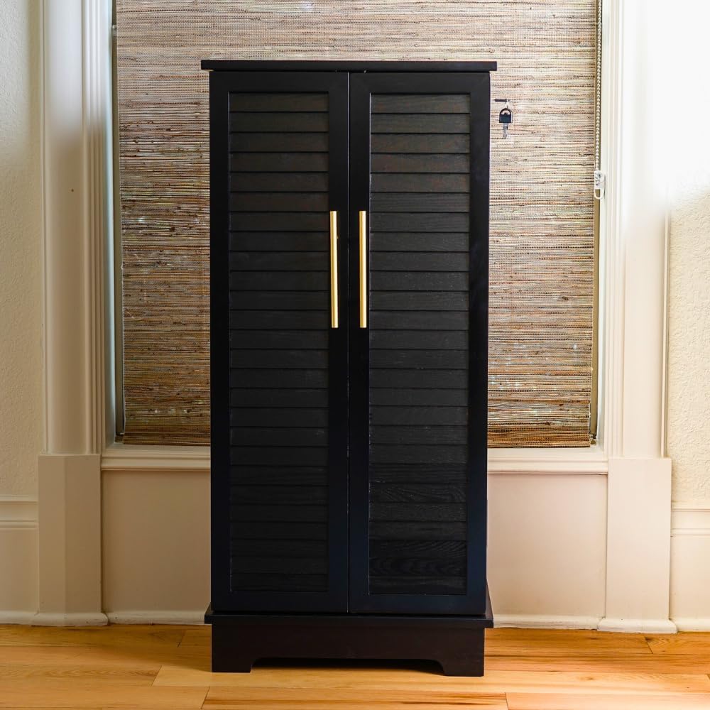 Hives and Honey Porsha Jewelry Armoire Modern 7-Drawer Locking Cabinet with Shutter Doors and Brass Handles, Charcoal