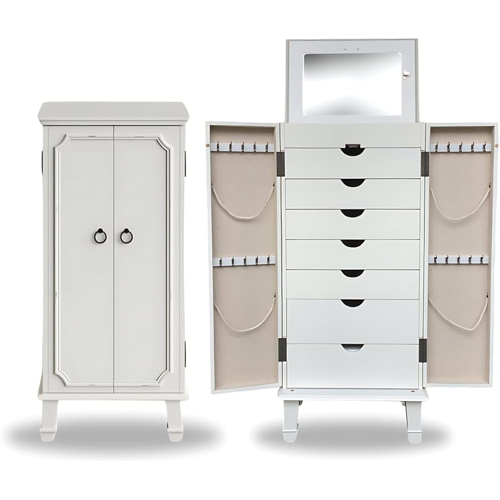 Hives and Honey Cabby Standing Jewelry Armoire – Fully Locking Wood Jewelry Storage with Mirror, 7 Drawers, Necklace Hooks, and Anti-Tarnish Lining – White