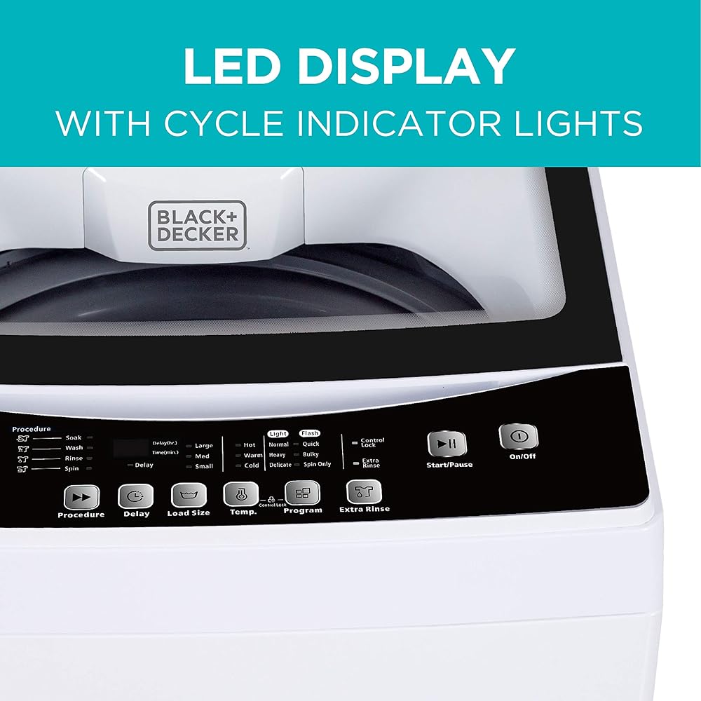 BLACK+DECKER Small Portable Washer, Washing Machine for Household Use, Portable Washer 1.7 cu.Ft with 8 Cycles, Transparent Lid &amp; LED Display