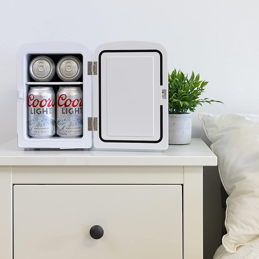 Coors Light 4L Portable Mini Fridge with 12V DC and 110V AC Cords, 6 Can Personal Cooler for Beer, Snacks, Lunch, Drinks, Desk Accessory for Home, Office, Bar, Dorm, Travel, Gray