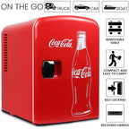 Coca-Cola Classic Coke Bottle 4L Mini Fridge w/ 12V DC and 110V AC Cords, 6 Can Portable Cooler, Personal Travel Refrigerator for Snacks Lunch Drinks Cosmetics, Desk Home Office Dorm, Red