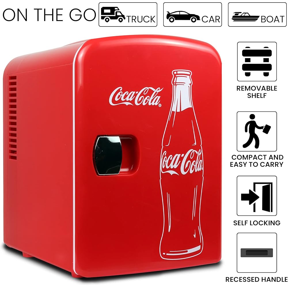 Coca-Cola Classic Coke Bottle 4L Mini Fridge w/ 12V DC and 110V AC Cords, 6 Can Portable Cooler, Personal Travel Refrigerator for Snacks Lunch Drinks Cosmetics, Desk Home Office Dorm, Red