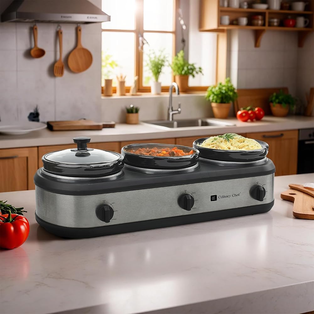 CULINARY CHEF SC3105-SS, Slow Cooker, Buffet Server 3 Pot, Food Warmer Stainless