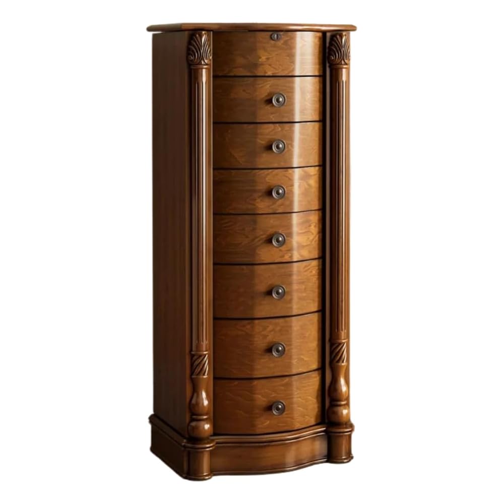 Hives and Honey Angelique Standing Jewelry Armoire, Locking Jewelry Cabinet, 7 Drawers, Necklace Hooks, Mirror, Secure Storage, Dual-Sided Doors, Handcrafted Antique Finish, Elegant Organizer, Walnut