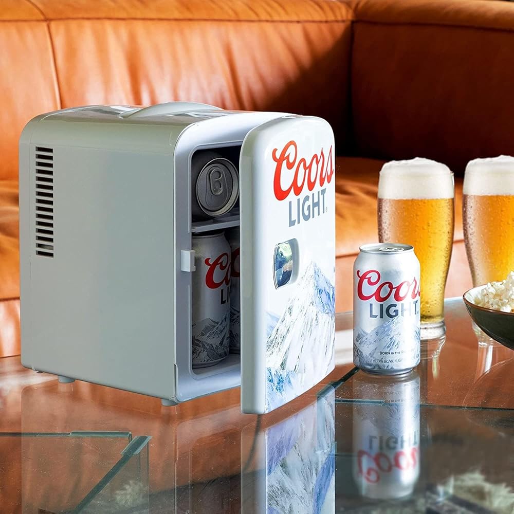 Coors Light 4L Portable Mini Fridge with 12V DC and 110V AC Cords, 6 Can Personal Cooler for Beer, Snacks, Lunch, Drinks, Desk Accessory for Home, Office, Bar, Dorm, Travel, Gray