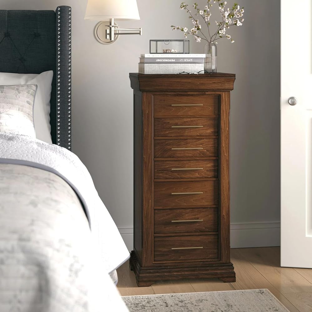 Hives and Honey Haley 7 Felt-Lined Drawers, Necklace Hooks, Mirror, Pull-Out Lid, Ring Rolls, Brass Hardware – Classic Storage Organizer for Women Jewelry Armoire, Walnut