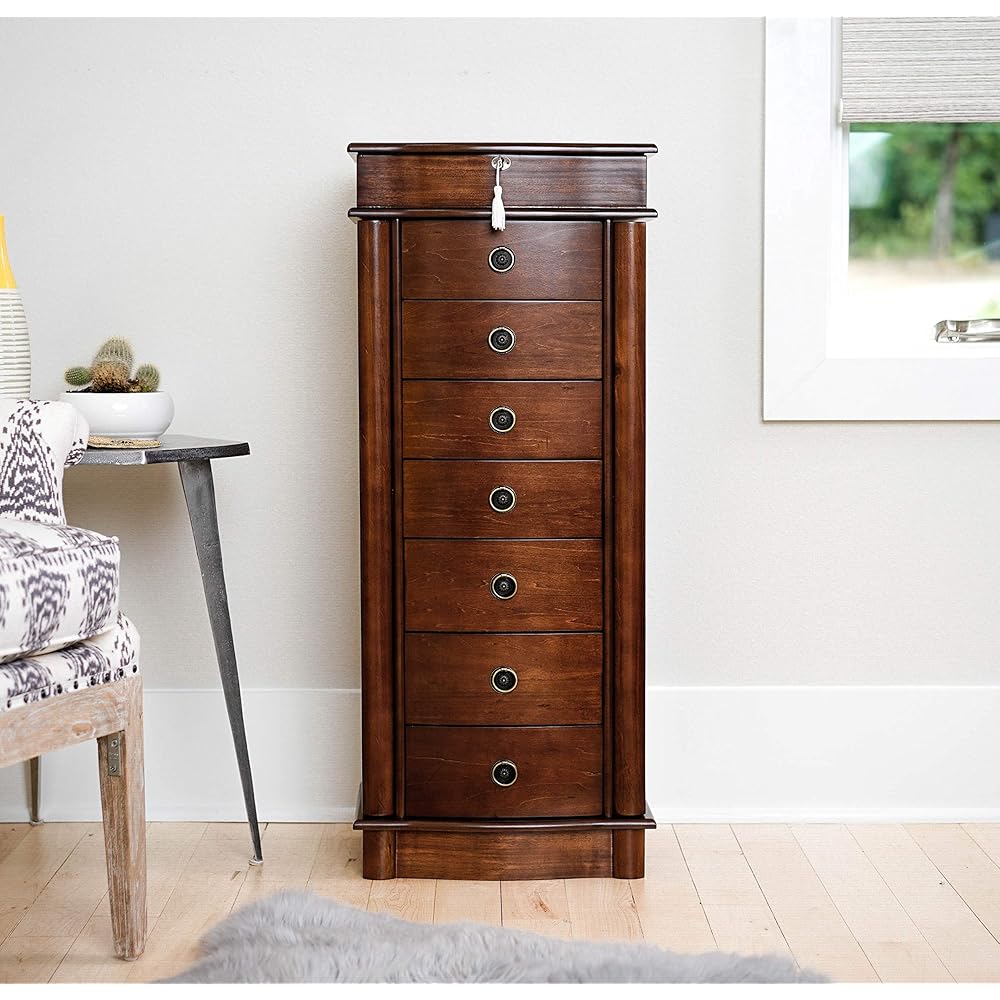 Hives and Honey Noel Standing Jewelry Armoire Cabinet, Locking Organizer with Flip Top Mirror, 2 Side Doors, 7 Drawers, Jewelry Chest for Necklaces, Earrings, Bracelets, Walnut