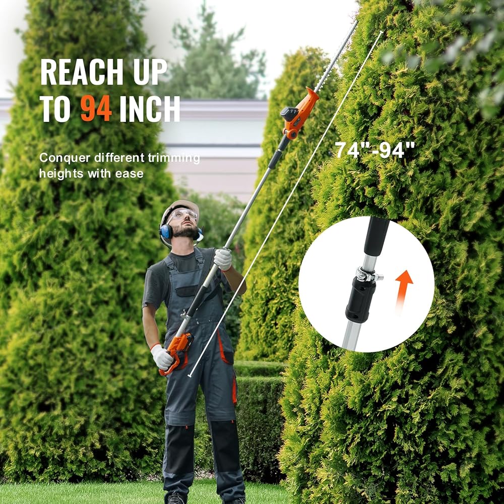 VEVOR Pole Cordless Hedge Trimmer, 20V Electric Bush Trimmer Kit with 18 inch Double-Edged Steel Blade, 74"-94" Telescoping Design for High Branches(2.0Ah Battery &amp; Fast Charger Included)