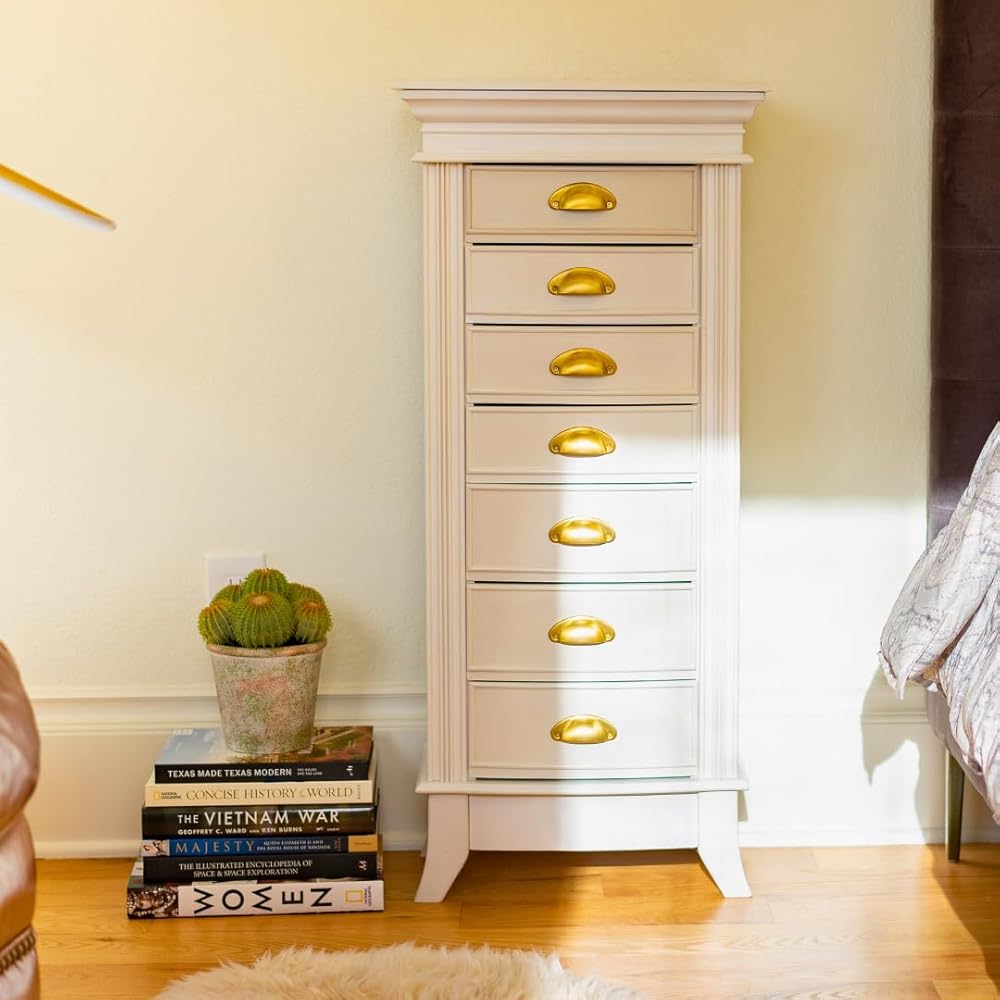 HIVES &amp; HONEY Holly Organizer Storage 7 Drawers Bronze Shaker Hardware Jewelry Armoire, 40" X 18" X 12", White