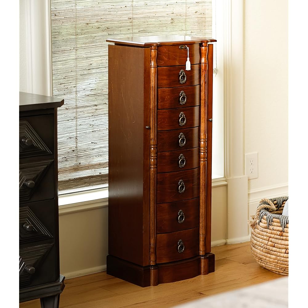Hives and Honey Sheffield Traditional Standing Jewelry Armoire Cabinet, Antique Locking Storage Organizer with Mirror, 8 Drawers, Necklace Hooks, Anti-Tarnish Lining, Walnut