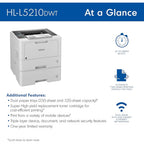 Brother HL-L5210DWT Business Monochrome Laser Printer with Dual Trays, Wireless and Gigabit Ethernet Networking, Duplex Printing, Large Paper Capacity, and Mobile Printing, White