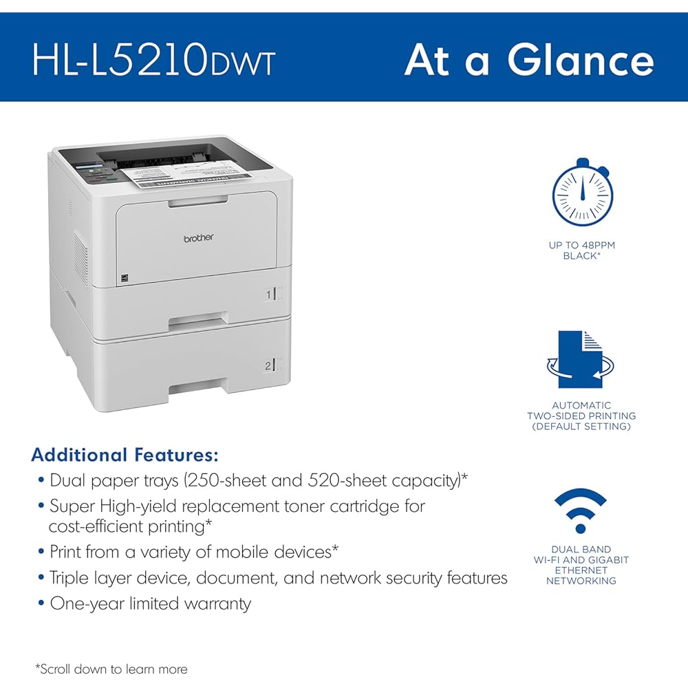 Brother HL-L5210DWT Business Monochrome Laser Printer with Dual Trays, Wireless and Gigabit Ethernet Networking, Duplex Printing, Large Paper Capacity, and Mobile Printing, White