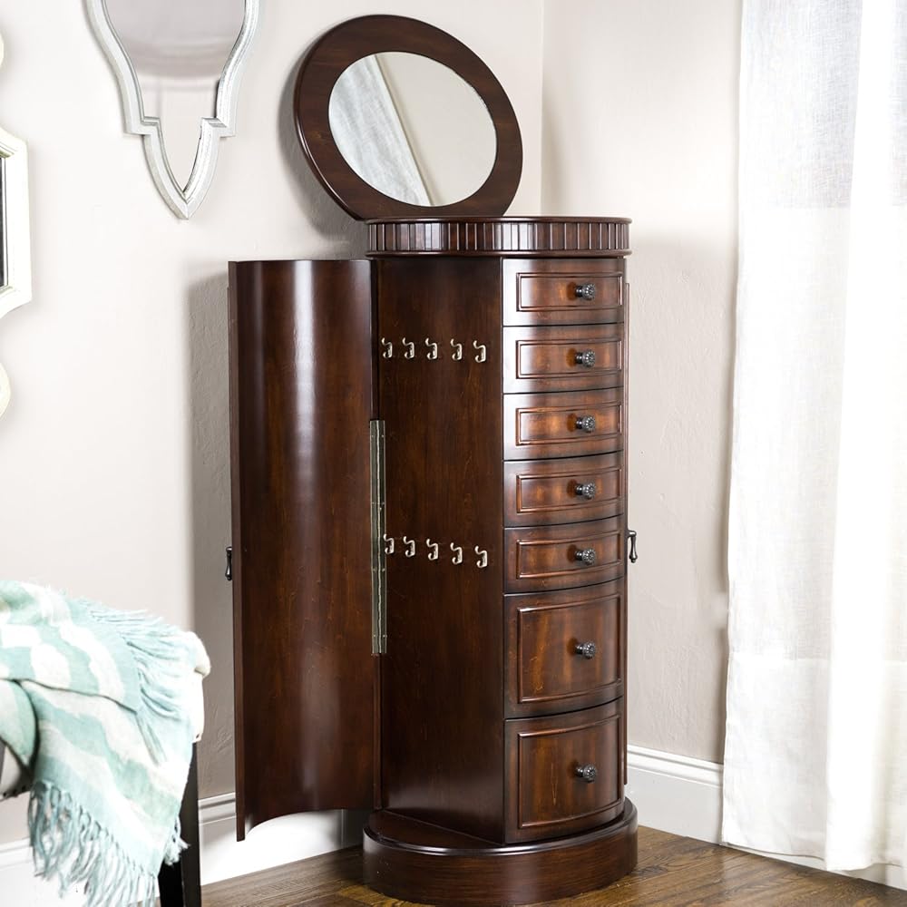 Hives and Honey Bailee Jewelry Armoire – Oval Shape Jewelry Organizer with 7 Drawers, Vanity Mirror, Ring Rolls &amp; Necklace Hooks – Walnut