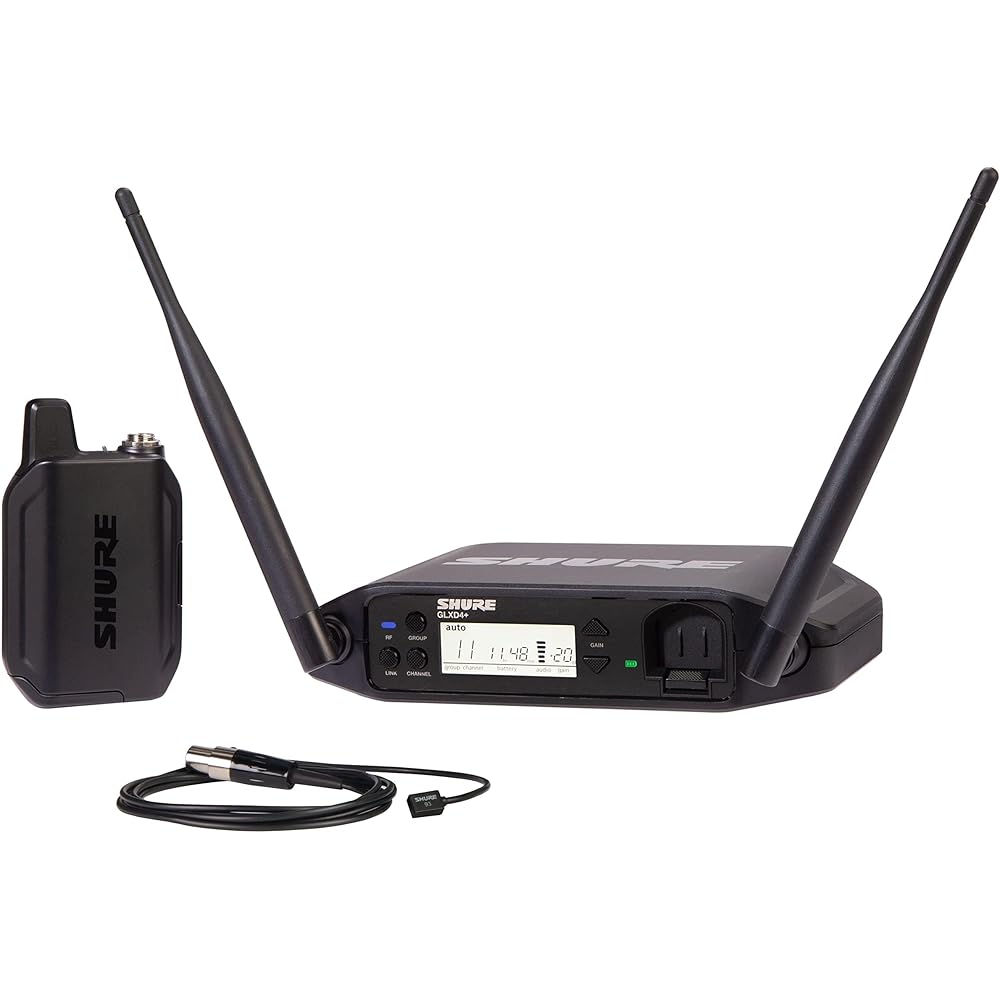 Shure GLXD14+/93 Dual Band Pro Digital Wireless Microphone System for Interviews, Presenting, Theater 12-Hour Battery Life, 100 ft Range | WL93 Lavalier Mic, Single Channel Receiver (GLXD14+/93-Z3)