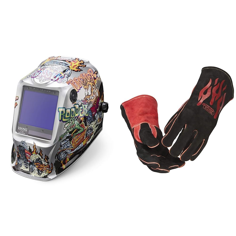 Lincoln Electric Viking 3350 Hot Rodders™ Welding Helmet, Large &amp; Traditional MIG/Stick Welding Gloves | 14" Lined Leather | Kevlar Stitching | K2979-ALL, Black, Red