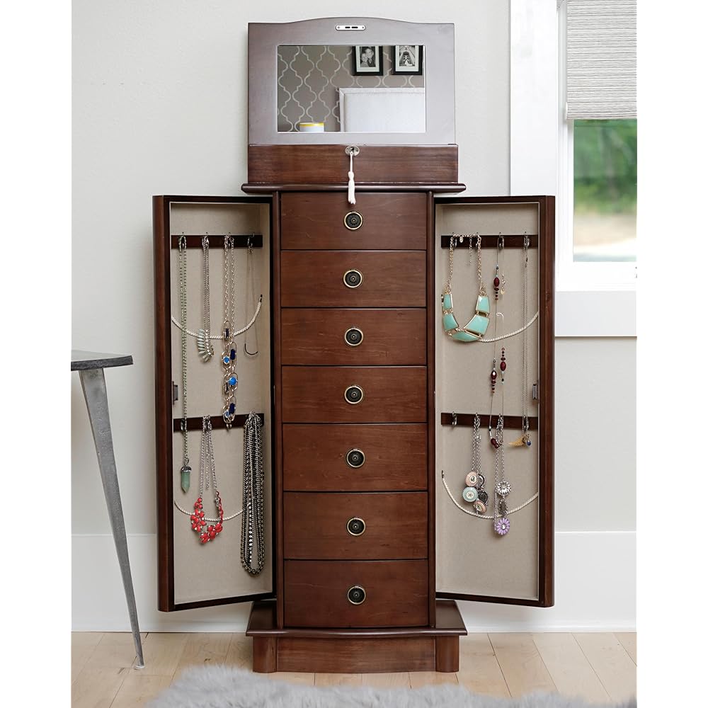 Hives and Honey Noel Standing Jewelry Armoire Cabinet, Locking Organizer with Flip Top Mirror, 2 Side Doors, 7 Drawers, Jewelry Chest for Necklaces, Earrings, Bracelets, Walnut