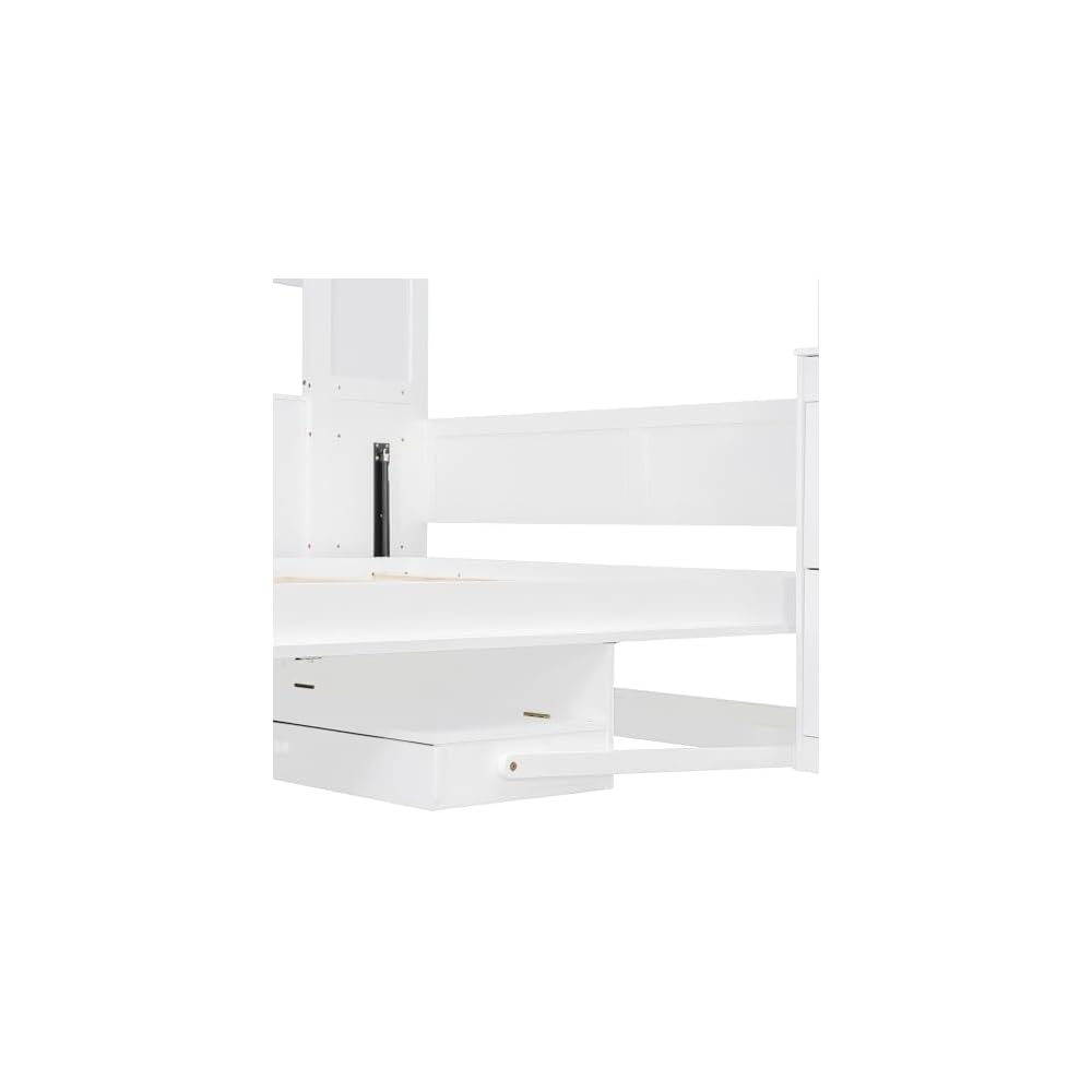 Queen Murphy Bed with Storage Shelves and Desk,Cabinets,Lights,White