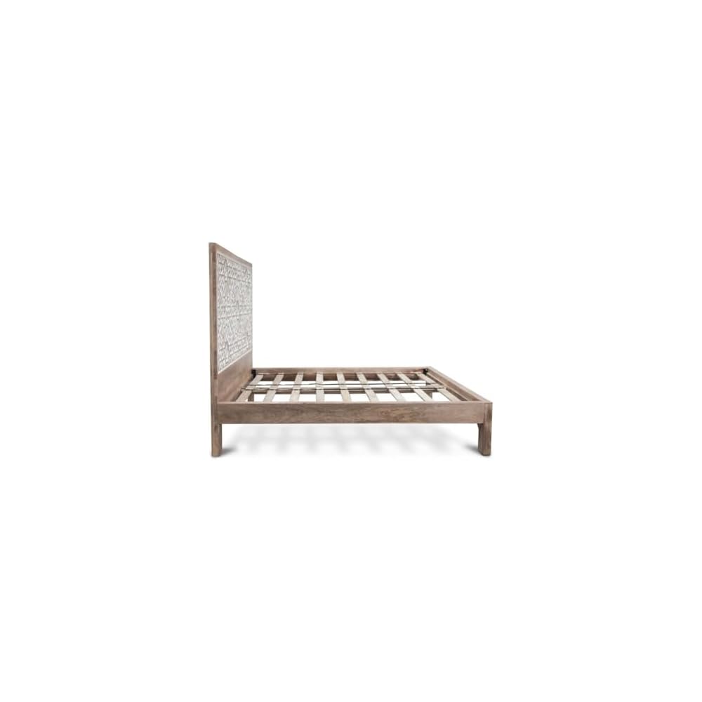 Haveli Mango Wood Geometric Carved King Bed in Natural
