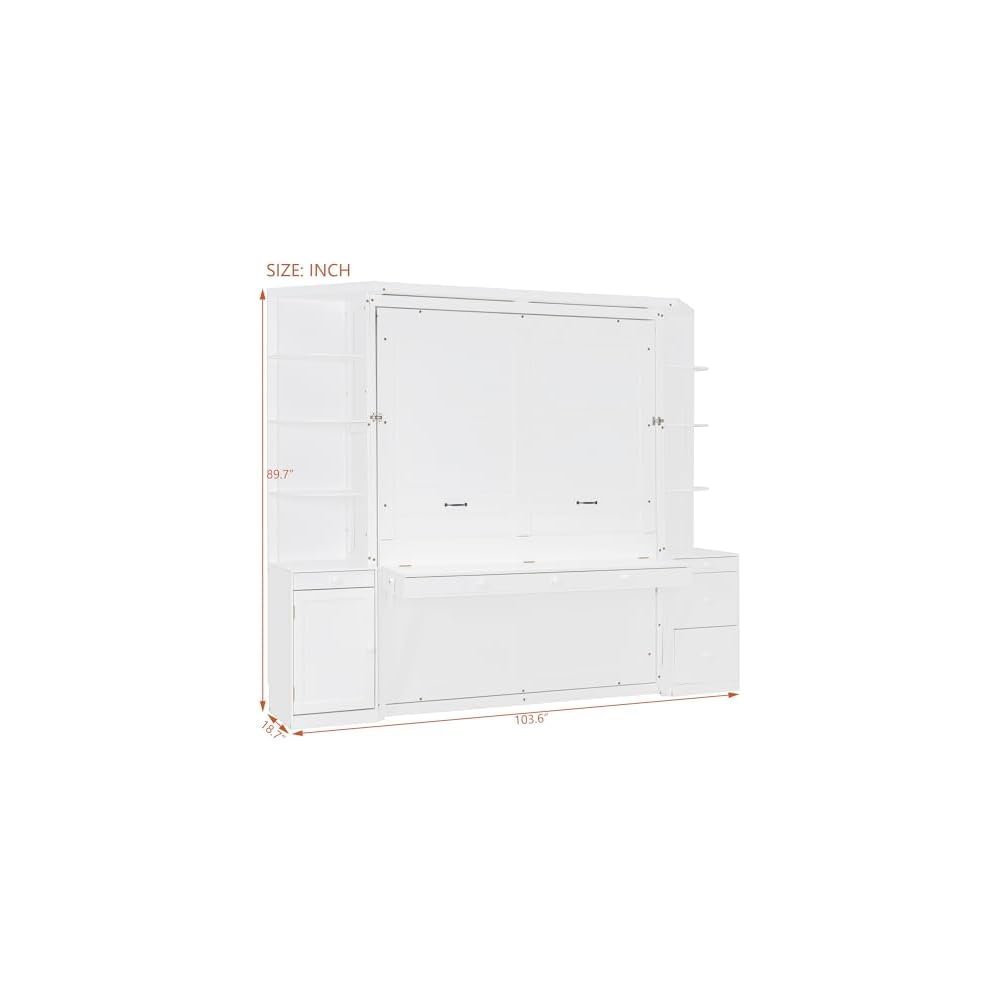 Queen Murphy Bed with Storage Shelves and Desk,Cabinets,Lights,White