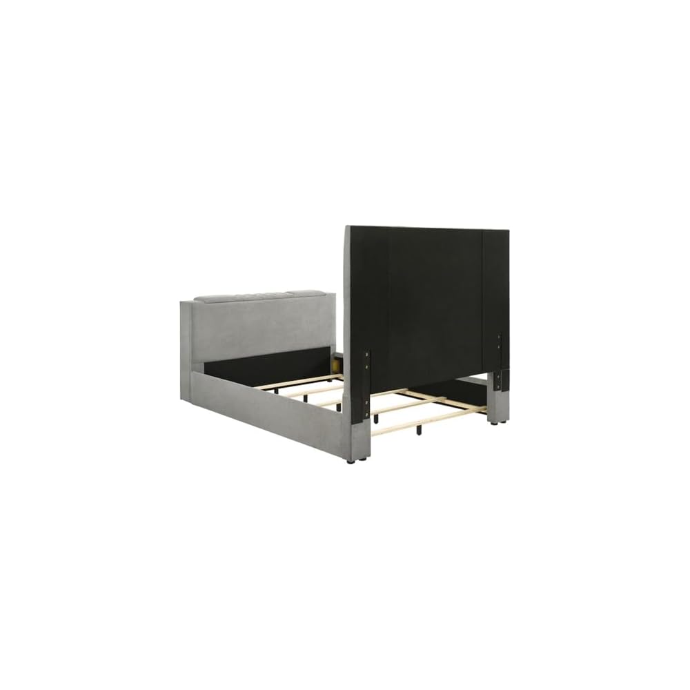 Contemporary Upholstered Velvet Queen Panel TV Bed, Gray Quilted Headboard, Motorized TV Lift, Built-in Power Outlet, Black Legs, Wood Frame, Bedroom Furniture, 95.25 in