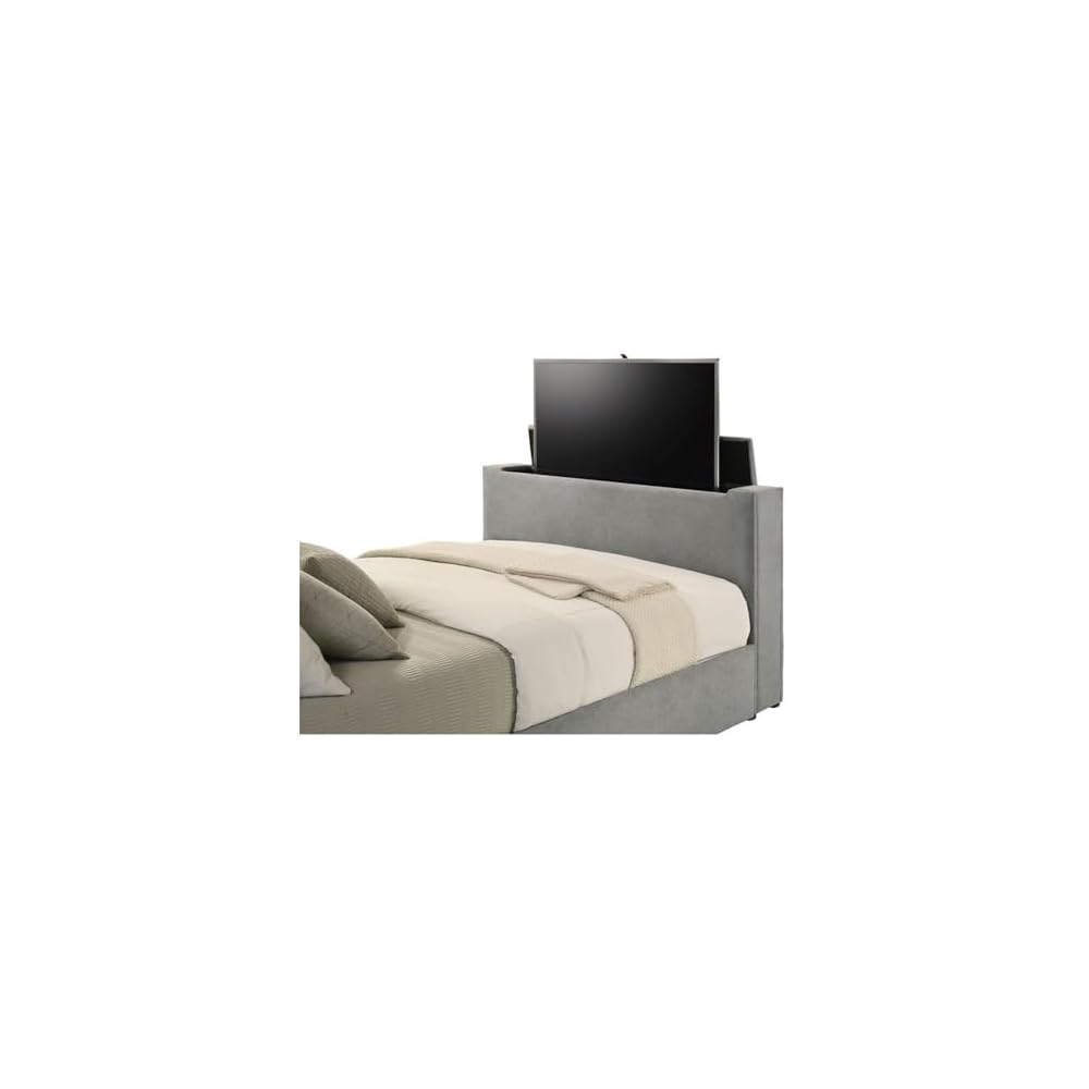 Contemporary Upholstered Velvet Queen Panel TV Bed, Gray Quilted Headboard, Motorized TV Lift, Built-in Power Outlet, Black Legs, Wood Frame, Bedroom Furniture, 95.25 in