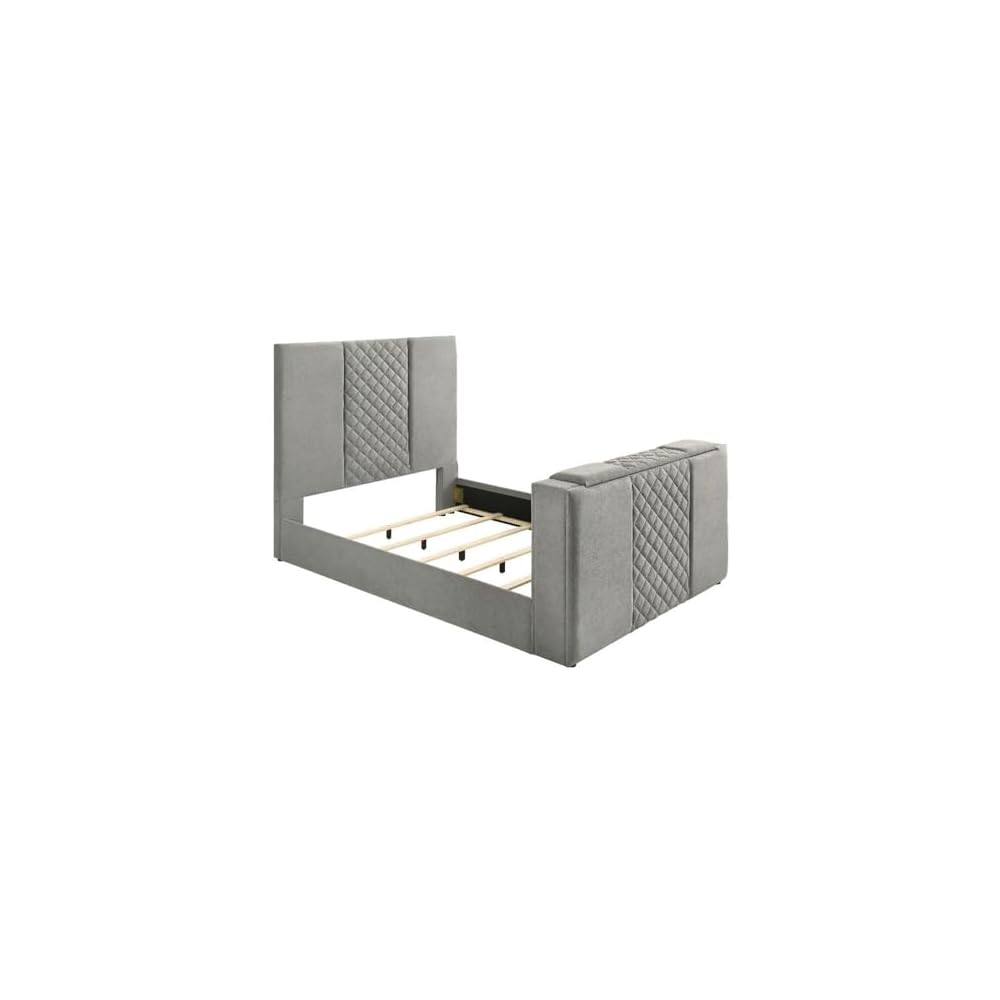 Contemporary Upholstered Velvet Queen Panel TV Bed, Gray Quilted Headboard, Motorized TV Lift, Built-in Power Outlet, Black Legs, Wood Frame, Bedroom Furniture, 95.25 in
