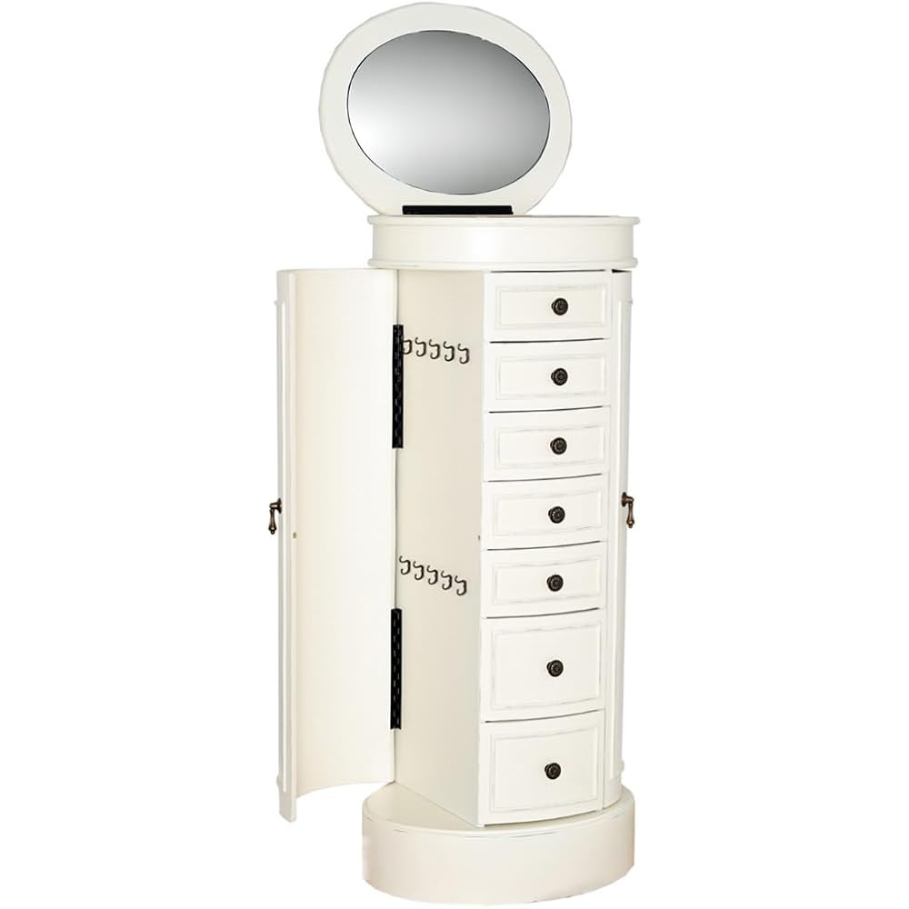Hives &amp; Honey Bailey Oval Standing Jewelry Armoire Cabinet, Jewelry Storage Organizer with Mirror Lid, 2 Side Doors, 7 Drawers, Jewelry Chest, Jewelry Box for Necklace, Earring, Bracelet, Ivory
