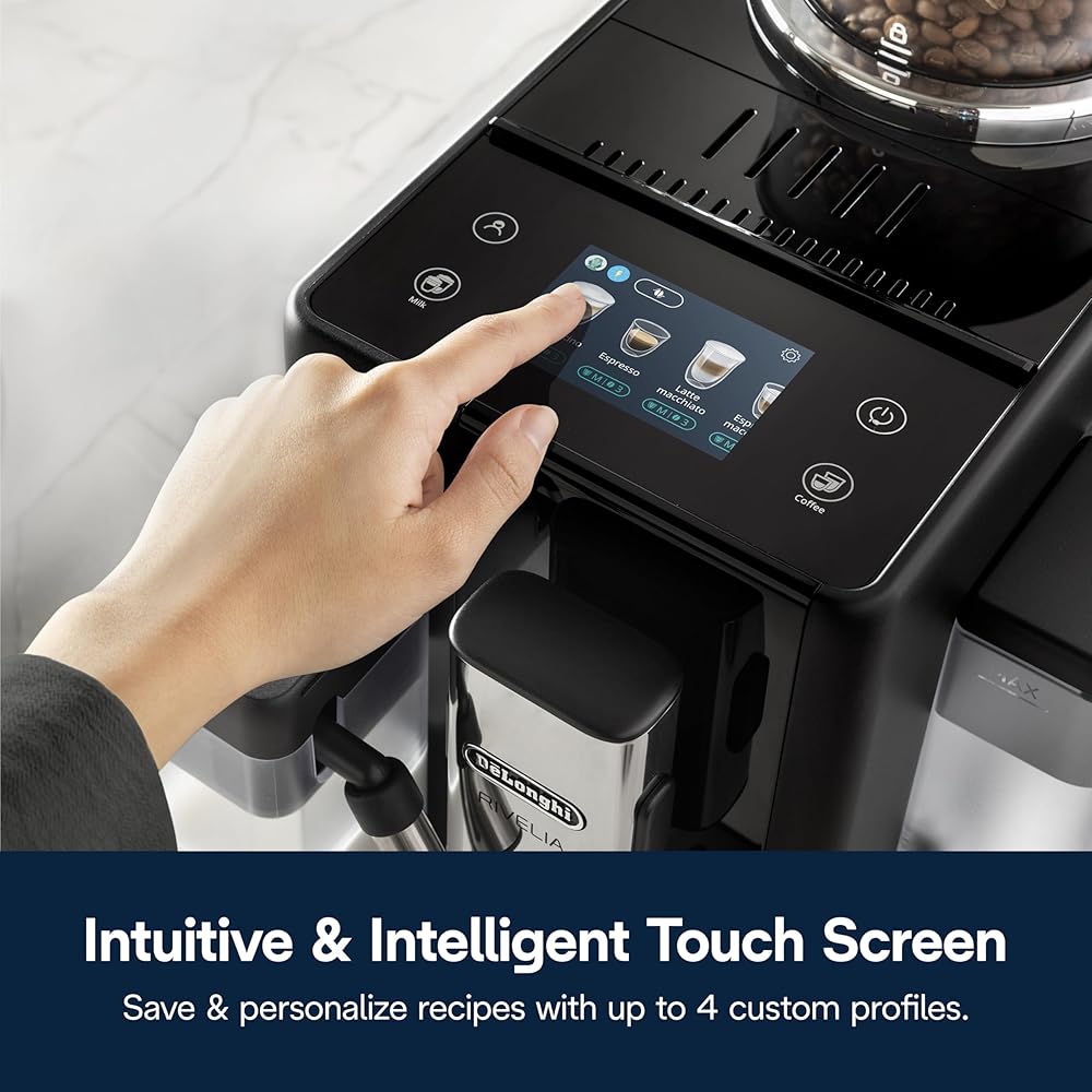De'Longhi Rivelia Automatic Espresso Machine with Grinder &amp; Milk Frother – All-in-One Coffee Maker, Hot &amp; Iced Latte, Cappuccino, Bean Switch System, Burr Grinder, Compact Italian Design, Black